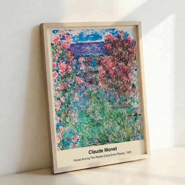 Impressionist watercolor painting of a tranquil house enveloped by lush rose garden with soft blue and violet hues creating an intimate mood.
