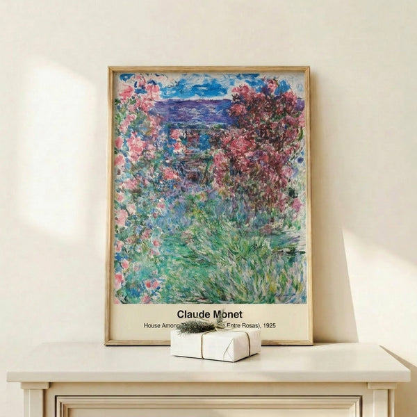 Monet-inspired garden art print displaying a contemplative scene of a dwelling amid abundant flowering roses in gentle rose pink and green palette.