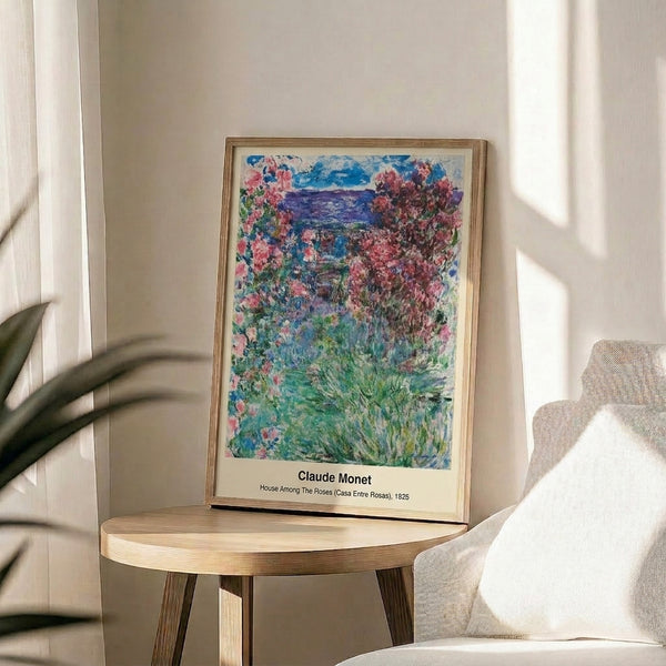 Framed impressionist artwork depicting a peaceful house surrounded by rose bushes and lilies in Monet's characteristic soft watercolor technique with rose pink and green.