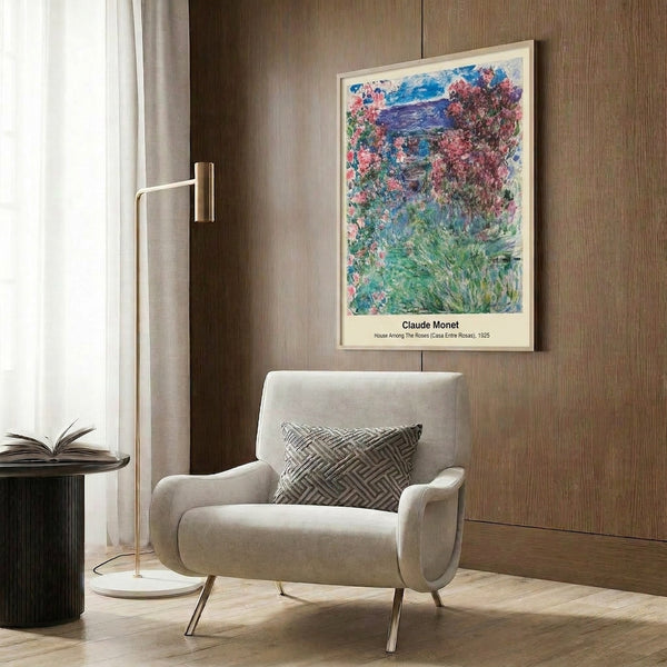 Tranquil impressionist garden print showing a house among vibrant roses and flowering plants rendered in delicate watercolor with contemplative violet and cream accents.