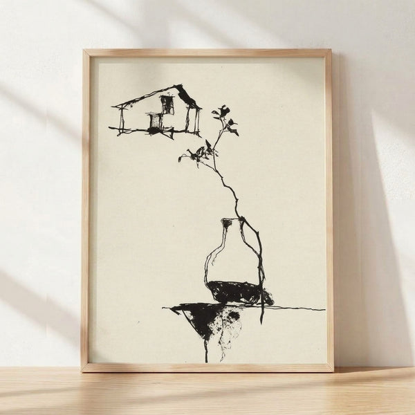 Minimalist line art poster featuring a whimsical house with organic plant roots and flowering branches in black ink on cream background, framed on wall.