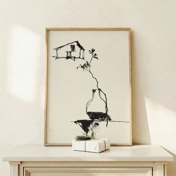 Surreal ink sketch of a house rooted in flowering plant stems and soil, rendered in delicate black lines with a dreamlike, introspective mood.