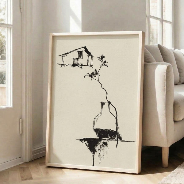 Black and white line art print showing an imaginative house intertwined with botanical elements including roots, blooms, and a bottle, with minimalist aesthetic.