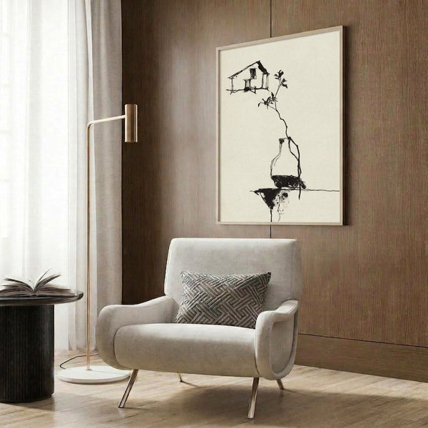 Wabi sabi inspired framed poster of a house emerging from intricate plant life and root systems, drawn in simple black lines on cream with contemplative charm.
