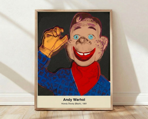 High-contrast pop art portrait of Howdy Doody character in bold black and white, framed poster showcasing iconic 1981 graphic style.
