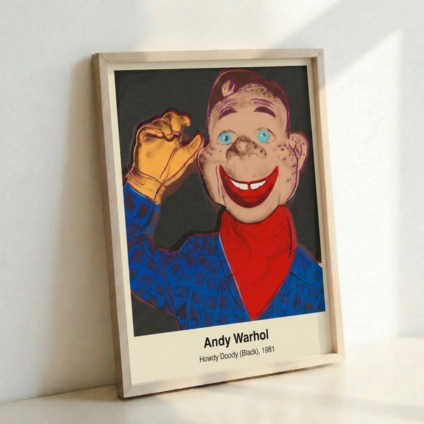 Modern pop art wall print with graphic black and white portrait of classic Howdy Doody doll character, bold and nostalgic aesthetic.