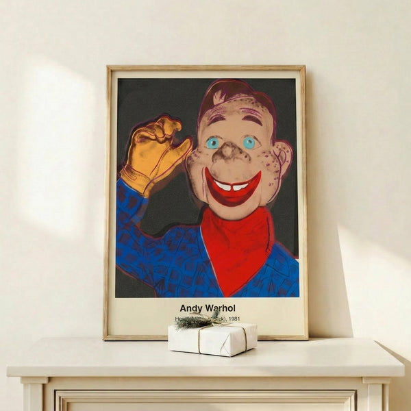 Framed contemporary art print displaying Howdy Doody in high-contrast black and white pop art style, bold graphic composition.