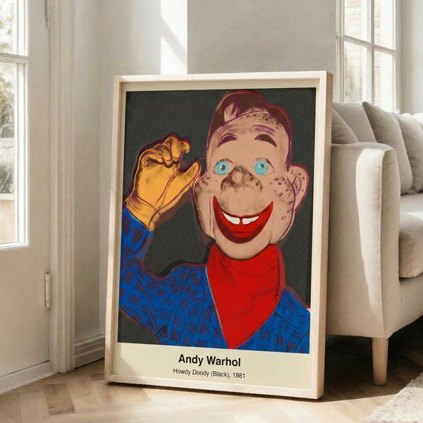 Pop art portrait of the iconic Howdy Doody marionette rendered in dramatic black and white, graphic and nostalgic modern print.