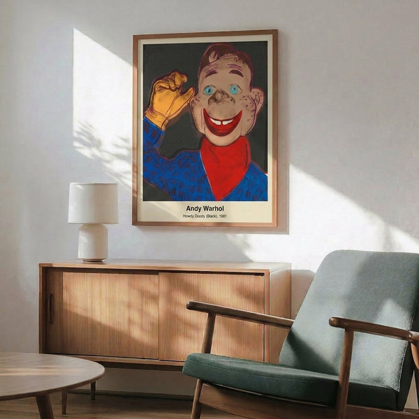 Black and white graphic pop art print featuring Howdy Doody character doll portrait, bold and iconic wall art in modern style.