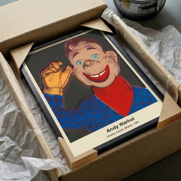 High-contrast pop art framed poster of Howdy Doody character marionette, bold black silhouette design with nostalgic graphic impact.