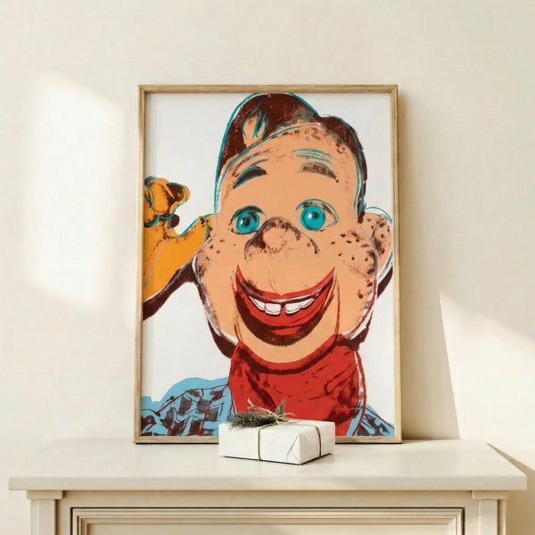 Bold graphic portrait of Howdy Doody in pop art style with striking color palette and simplified forms, framed as a modern wall poster.