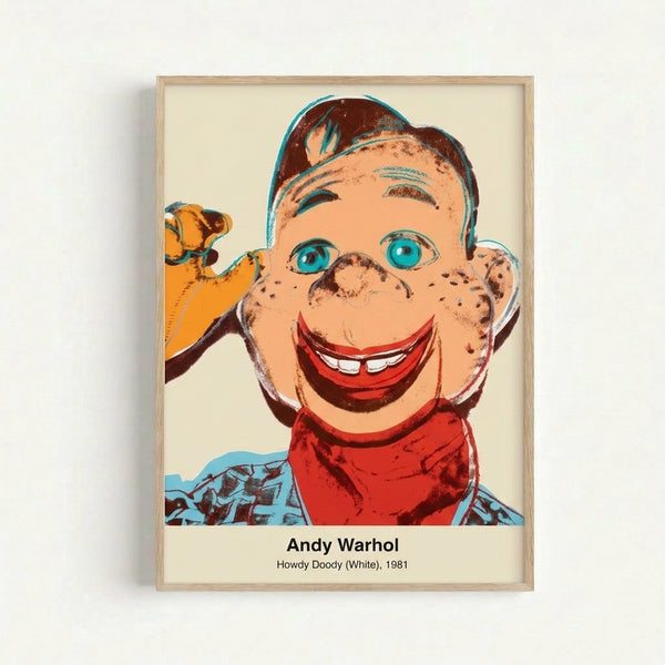Framed pop art print featuring the Howdy Doody puppet character rendered in bold white, black, and cream tones in classic Warhol modernist style.