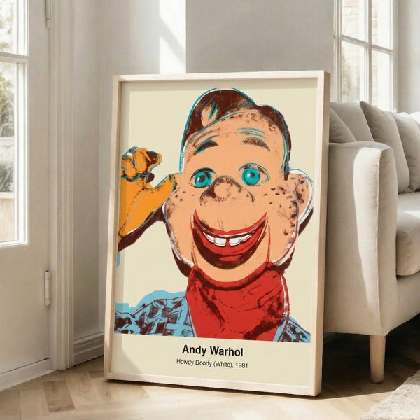 Black and white pop art portrait of Howdy Doody puppet character displayed as framed wall art, capturing the iconic marionette in Warhol's distinctive retro style.