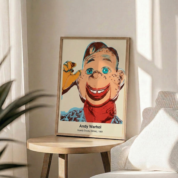 Monochromatic pop art poster featuring Howdy Doody's recognizable doll face rendered in cream, black, and white with Warhol's signature modern aesthetic.