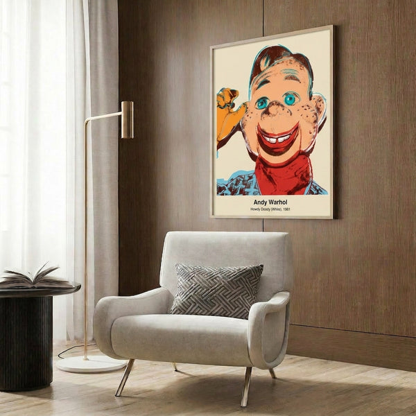 Framed pop art print of the legendary Howdy Doody marionette in contrasting white and black, embodying nostalgic 1950s puppet culture through contemporary Warhol-inspired design.