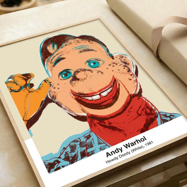Pop culture pop art poster showcasing the Howdy Doody puppet character in bold graphic style using cream and black tones, Warhol-influenced wall artwork celebrating retro Americana.
