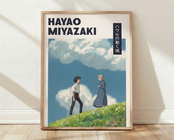 Framed anime poster featuring a woman and man standing together on a hilltop meadow overlooking misty mountains, rendered in soft pastels of sky blue, sage green, and dusty rose with a wistful, romantic mood.