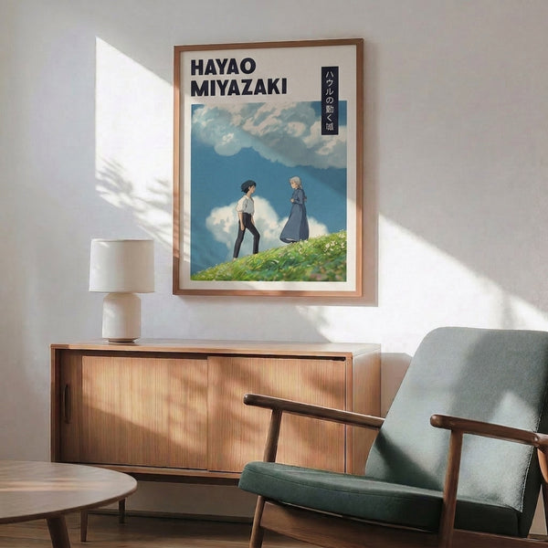 Framed wall art featuring a wistful scene of a man and woman in a mountain meadow beneath an expansive sky, painted in delicate pastels that convey quiet romance and longing.