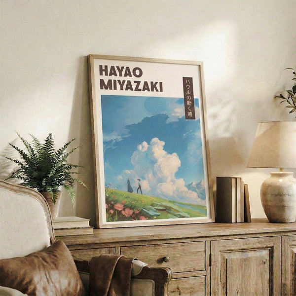 Delicate anime poster art featuring a whimsical castle landscape with wispy clouds, flowering meadow, and misty mountains in soft blue and coral palette evoking Studio Ghibli aesthetics.