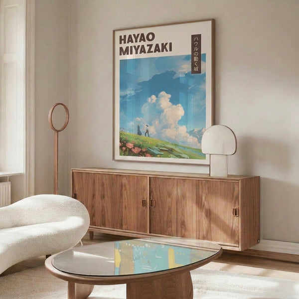 Wall art poster presenting a dreamlike Ghibli-inspired castle scene nestled among fluffy clouds with pastoral elements and mountain silhouettes in calming sky blue and cream tones.