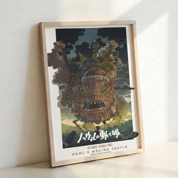 Fantastical castle illustration in anime style with steampunk architecture, floating amid clouds and countryside, painted in charcoal, olive, and warm rust hues.