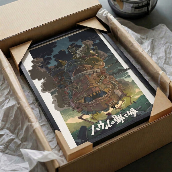 Whimsical framed print featuring a fantastical steampunk castle amid clouds and rolling terrain, rendered in Studio Ghibli's distinctive style with cream, rust brown, and olive green palette.