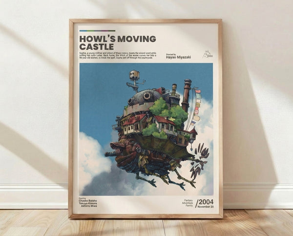Whimsical steampunk castle poster with mechanical structure and chicken-leg foundation in steel blue, sage green, and rust red tones, framed on wall.