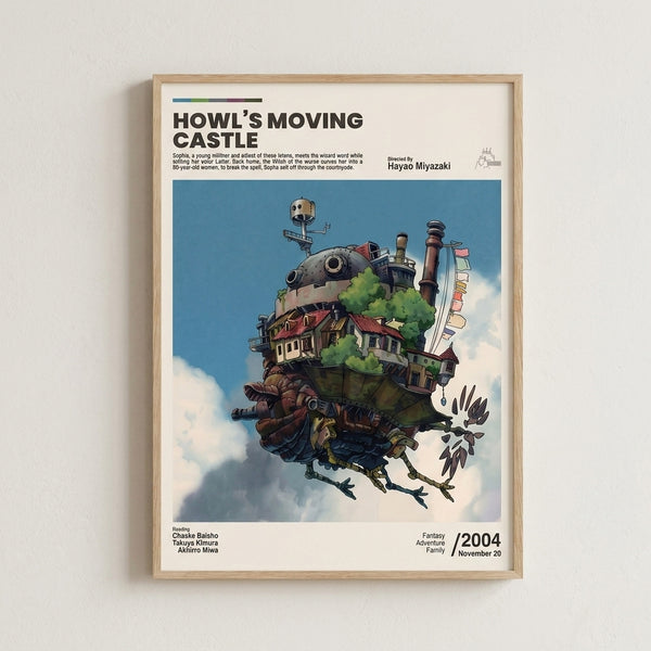 Enchanting Studio Ghibli-inspired fantasy poster depicting an ornate moving castle with intricate mechanical details and warm gold accents against cool blue-green backdrop.