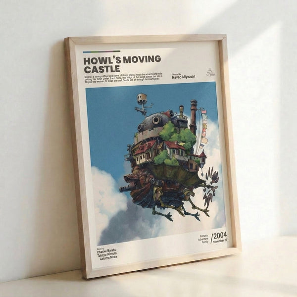Fantastical poster art showing an elaborate steampunk dwelling with Calcifer's presence, blending Miyazaki's signature whimsical style in cream and jewel-tone palette.