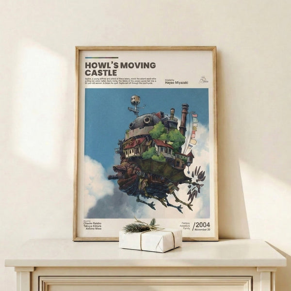 Modern interpretation of the iconic moving castle with magical steampunk aesthetics, featuring rich rust and sage tones that evoke wonder and fantasy adventure.