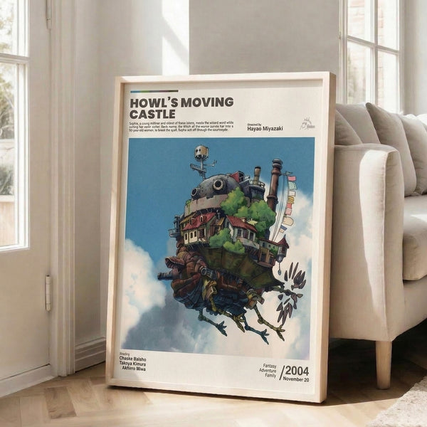 Framed poster celebrating Howl's enchanted castle in Japanese anime art style, showcasing whimsical mechanical architecture with warm golden and cool blue harmonies.
