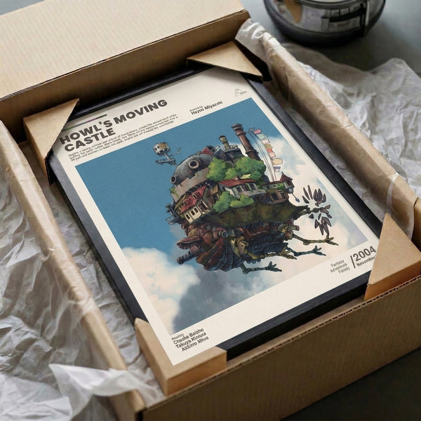 Fantastical wall art poster of an ornate moving castle with magical steampunk elements, bathed in atmospheric blue-green and rust tones that capture pure enchantment.