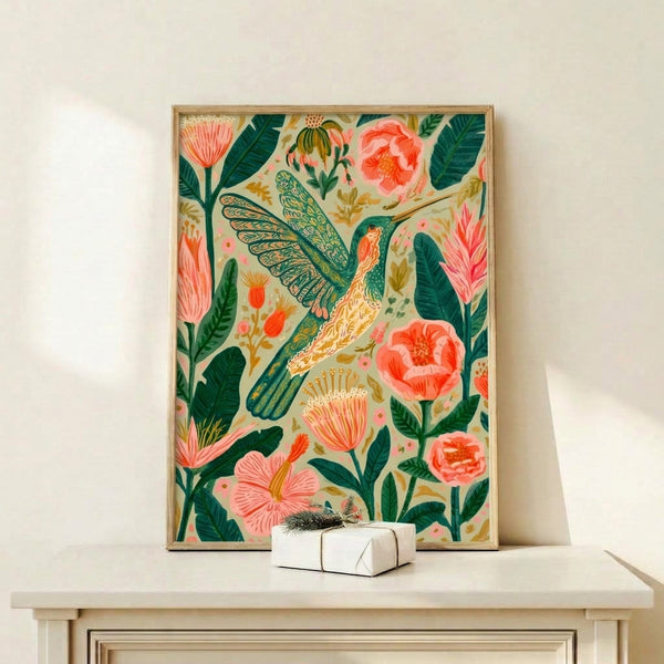 Whimsical art nouveau style poster featuring a delicate hummingbird amid lush flowers and foliage in warm coral, deep teal, and cream hues, displayed as a framed botanical print.