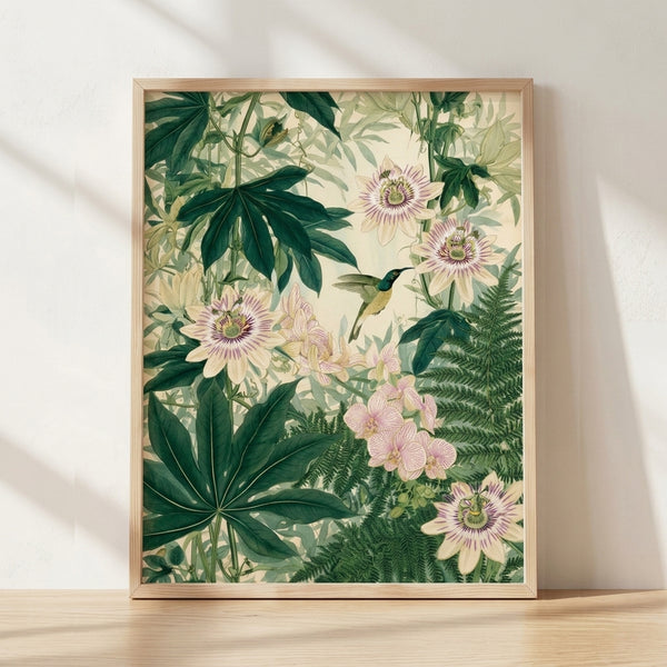 Watercolor botanical art print featuring a hummingbird hovering near delicate passion flowers surrounded by fern fronds and lush foliage in cream, sage green, and pale pink tones.