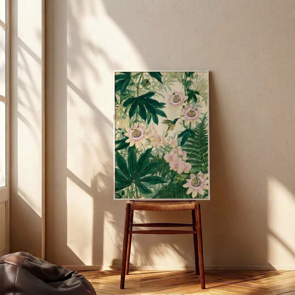 Vintage-style framed poster showcasing a serene hummingbird and passion flower composition with naturalistic watercolor technique in soft forest green, golden yellow, and blush hues.