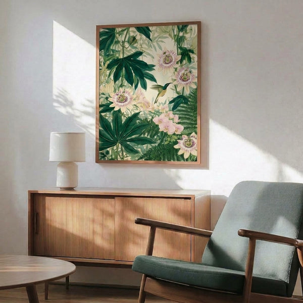 Elegant botanical wall art depicting a graceful hummingbird amid passion flowers and layered leaves rendered in watercolor with a sophisticated palette of cream and muted greens.