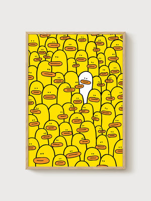 Minimalist Duck Crowd Poster poster in oak frame
