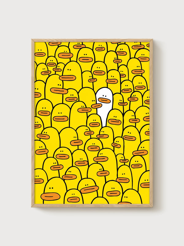 Minimalist Duck Crowd Poster poster in oak frame