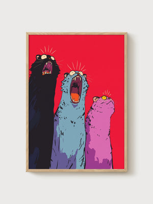 Screaming Cats Pop Art Print poster in oak frame
