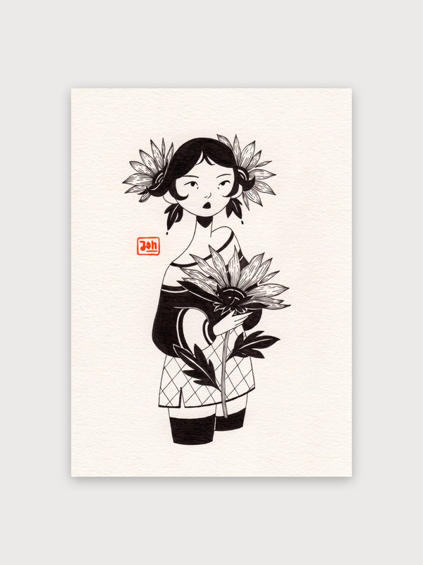 Girl With Sunflower Line Art - Digital Download