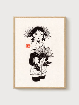 Sunflower Line Art Print poster in oak frame