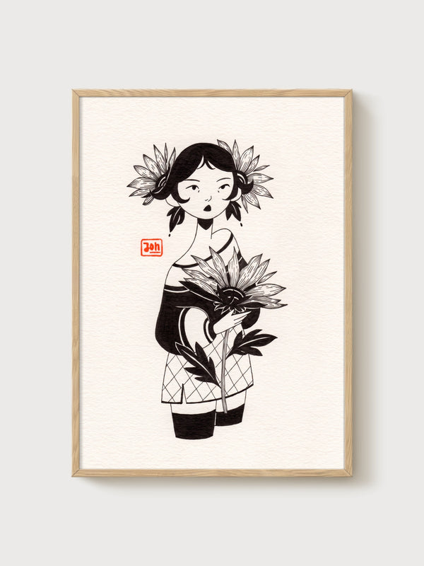 Sunflower Line Art Print poster in oak frame