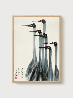 Crane Art Print poster in oak frame