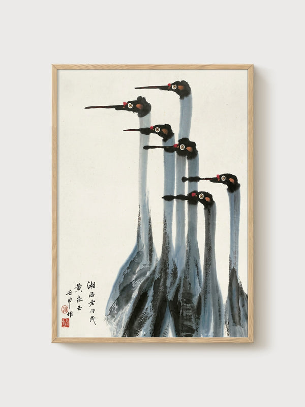 Crane Art Print poster in oak frame