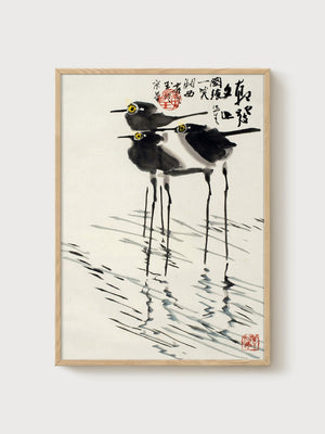 Ito Jakuchu Style Birds Print poster in oak frame