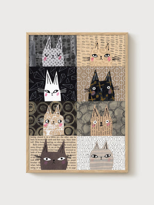 Black Cat Art Print poster in oak frame