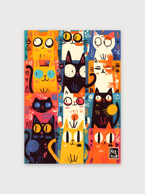 Colorful Folk Art Cat Grid - Digital Download