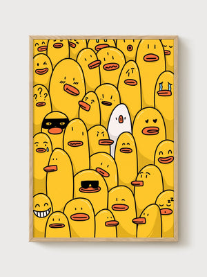 Whimsical Duck Crowd Minimalist Poster poster in oak frame