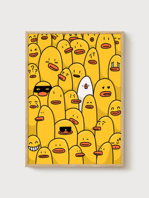 Whimsical Duck Crowd Minimalist Poster poster in oak frame