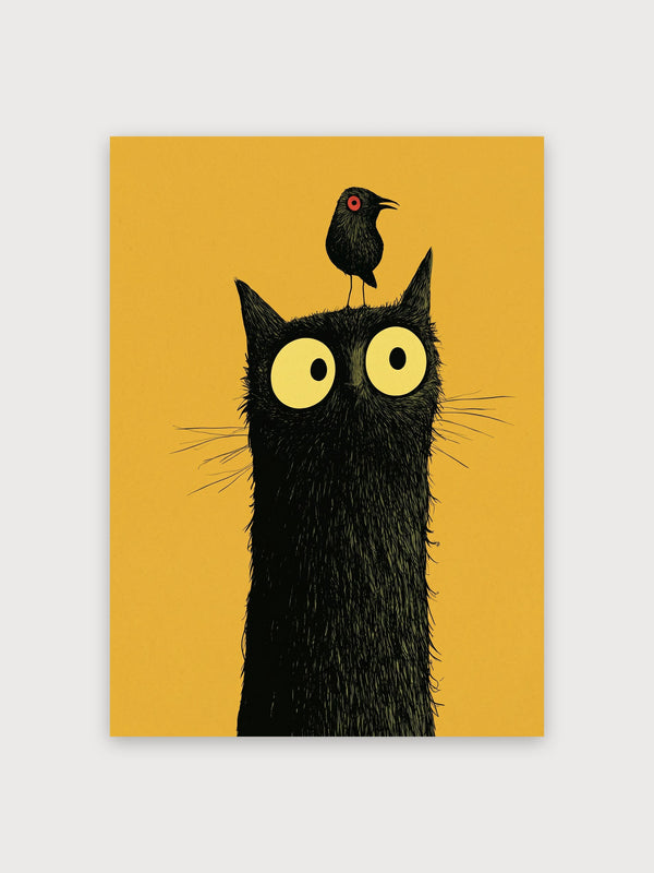 Black Cat Bird Yellow Modern - Digital Download